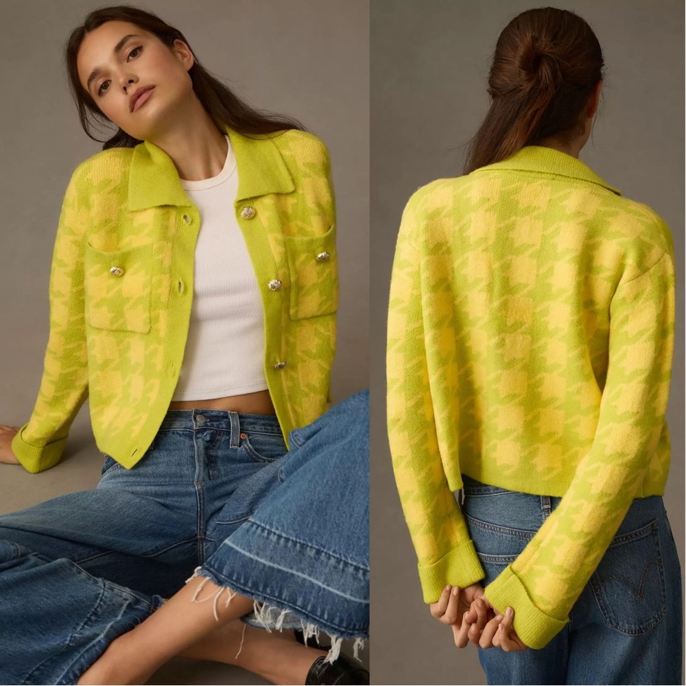 NWT Anthropologie English Factory Houndstooth Cropped Cardigan Lime Yellow Small